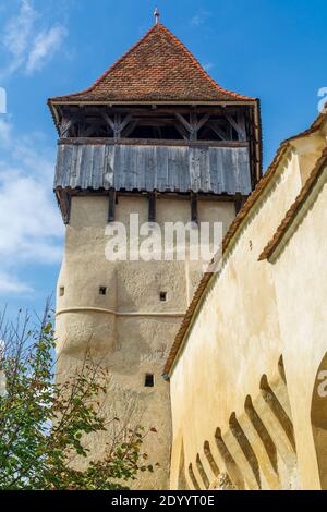 Befestigte mittelalterliche sächsische evangelische Kirche im Dorf Alma VII (Almen in Deutsch) Siebenbürgen, Rumänien Stockfoto