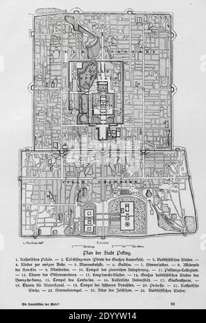 Karte der Stadt Peking mit Wohnräumen, verbotener Stadt und kaiserlichen Vierteln, Ilustration aus 'die Hauptstädte der Welt', Breslau um 1897 Stockfoto