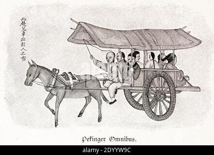 'Pekinger Omnibus' oder ein 'Peking Bus' mit einem zweirädrigen Pferdewagen, Illustration aus 'die Hauptstädte der Welt', Breslau um 1897 Stockfoto