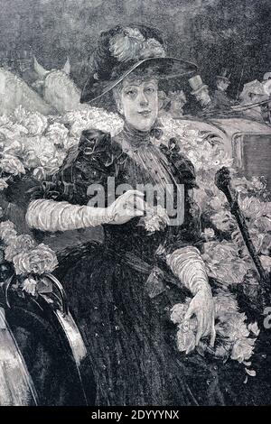 Elegant gekleidete Dame in einem mit Blumen geschmückten Kutsche, Ilustration aus 'die Hauptstädte der Welt', Breslau um 1897 Stockfoto