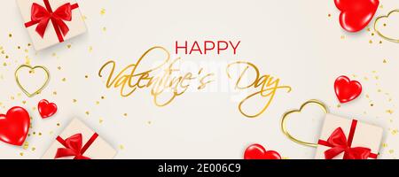 Grußkarte zum Valentinstag. Vektor-Illustration von realistischen roten 3D Herzen, goldene herzförmige Rahmen und Geschenk-Boxen mit Schleife, Pailletten und Stock Vektor