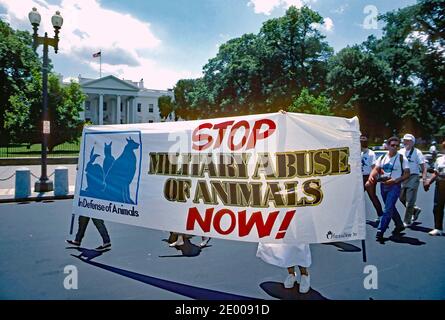 Washington, DC. USA, 10. Juni 1990 Tausende von Tierrechtsaktivisten marschieren am Weißen Haus vorbei und demonstrieren gegen die Verwendung von Tieren in medizinischen Experimenten, gegen die Verwendung von Tierfellen in Pelzmänteln und sogar gegen den Verzehr von Tieren, Stockfoto