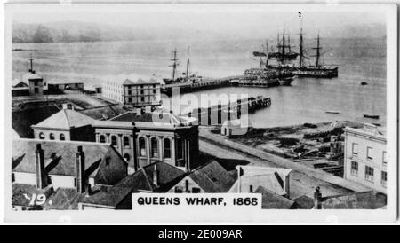 Illustration von Queens Wharf, Auckland, 1868; aus einer in den 1930er Jahren gedruckten Zigarettenkarte Stockfoto