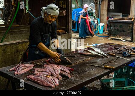 Yasuhisa Serizawa ist katsuobushi Herstellen, bei Nishiizu-Cho, Shizuoka, Japan Stockfoto