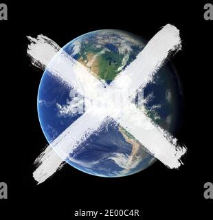 Gemaltes Kreuz über dem Planeten Erde als Metapher für Apokalypse und Ende der Welt und Tod des ganzen Lebens wegen einer Katastrophe oder Katastrophe. Elemen Stockfoto