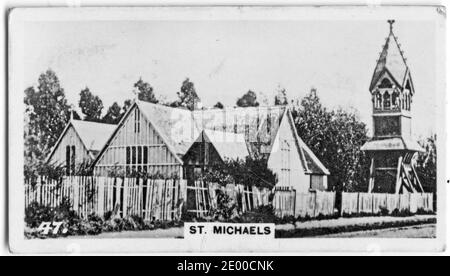 St. Michaels, wahrscheinlich eine Kirche von England Gebäude in den Pioniertagen von Neuseeland; aus einer Zigarettenkarte in den 1930er Jahren gedruckt Stockfoto