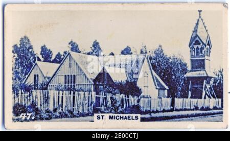 St. Michaels, wahrscheinlich eine Kirche von England Gebäude in den Pioniertagen von Neuseeland; aus einer Zigarettenkarte in den 1930er Jahren gedruckt Stockfoto