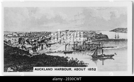 Auckland Harbour 1852, Neuseeland; aus einer in den 1930er Jahren gedruckten Zigarettenkarte Stockfoto