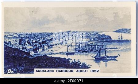 Auckland Harbour 1852, Neuseeland; aus einer in den 1930er Jahren gedruckten Zigarettenkarte Stockfoto