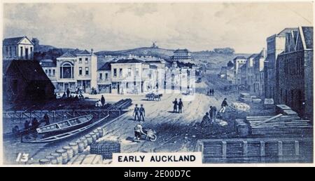 Illustration von Pioniertagen in Auckland, Neuseeland; aus einer Zigarettenkarte, die in den 1930er Jahren gedruckt wurde Stockfoto