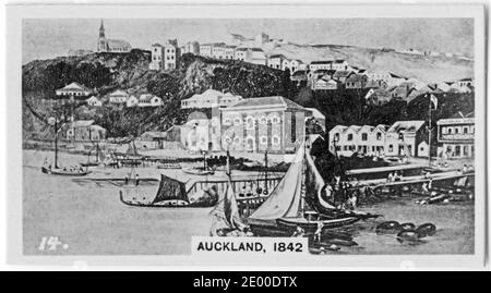 Illustration von Pioniertagen in Auckland Neuseeland, 1842; aus einer in den 1930er Jahren gedruckten Zigarettenkarte Stockfoto