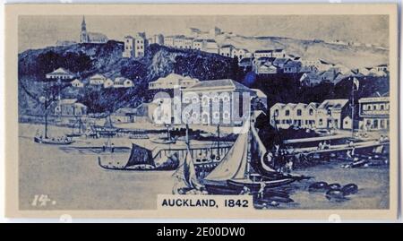 Illustration von Pioniertagen in Auckland Neuseeland, 1842; aus einer in den 1930er Jahren gedruckten Zigarettenkarte Stockfoto