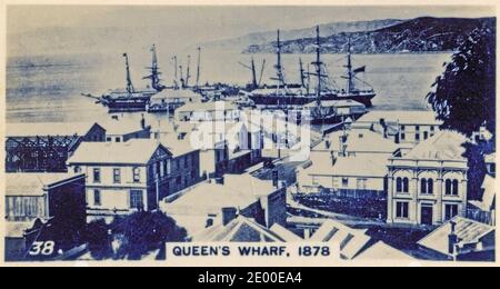 Illustration von Queen's Wharf, Auckland, Neuseeland, 1878; aus einer in den 1930er Jahren gedruckten Zigarettenkarte Stockfoto