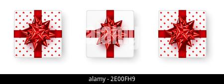 Grußkarte zum Valentinstag. Vektor-Illustration von realistischen roten 3D Herzen, goldene herzförmige Rahmen und Geschenk-Boxen mit Schleife, Pailletten und Stock Vektor