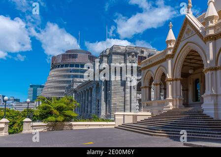 Parlamentsbibliothek und neuseeländisches Parlamentsgebäude in Wellington Stockfoto