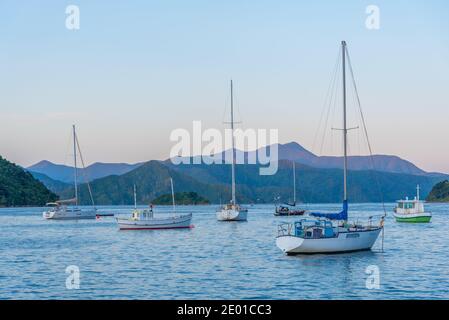 Boote, die am Queen Charlotte Sound in Picton, Neuseeland, festmachen Stockfoto