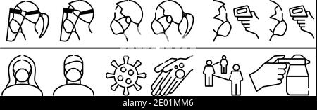 Die Reihe der Pandemic Coronavirus Schutz Symbole Linie Schlaganfall gesetzt. Symbole wie Gesichtsschutz, Gesichtsmaske, Händewaschen, Reinigungsspray, Infrarot-Thermometer, Stock Vektor