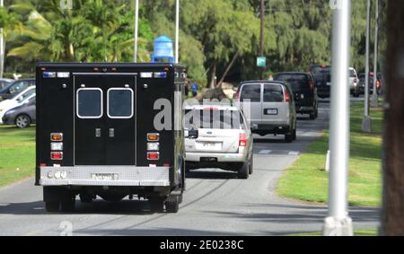 Präsident Barack Obama und die erste Autokolonne der Familie fahren zum Strand der Luftwaffenstation Bellows in Waimanalo, HI, USA. Die erste Familie macht bis Anfang Januar 2014 Urlaub auf Hawaii. Dezember 27, 2013. Foto von Cory Lum/Pool/ABACAPRESS.COM. Stockfoto