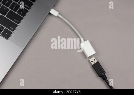 Ein usb-C-zu-usb-Adapter, der mit einem USB-Kabel neben dem Computer verbunden ist, das darauf wartet, eingesteckt zu werden. Dies ist eine Möglichkeit, USB-Geräte auf Computern zu verwenden, die dies nicht tun Stockfoto