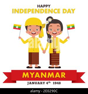 Ein Paar Burschen und Mädchen aus Myanmar feiern Myanmar Unabhängigkeitstag, während sie traditionelle Myanmar Kleidung tragen und Die Myanmar Fla halten Stock Vektor