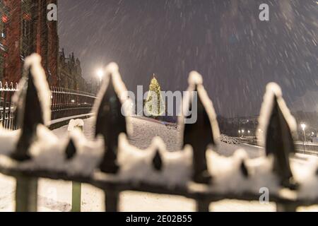 Di 29. Dezember 2020. Edinburgh, Großbritannien. Sturm Bella bedeckt die schottische Hauptstadt in den frühen Morgenstunden des Dienstag, 29. Dezember 2020. Der Blick auf den kultigen Weihnachtsbaum auf dem Hügel. Stockfoto