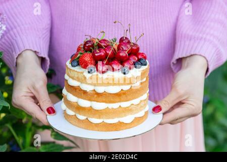 Hausgemachter Sommer Kekskuchen mit Sahne und frischen Beeren in Frau Hände im Garten Lilac Soft Fokus Stockfoto