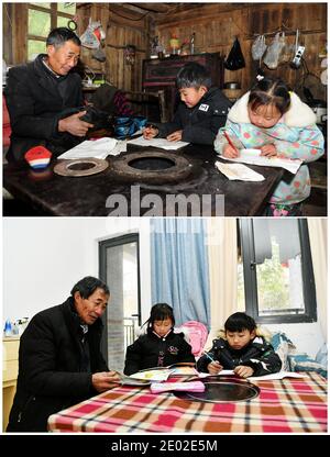 (201229) -- BIJIE, 29. Dezember 2020 (Xinhua) -- Combo-Foto zeigt Li Changde und seine Enkel in ihrem alten Haus im Dorf Hetou der Gemeinde Sanyuan im Bezirk Dafang, südwestlich von Chinas Provinz Guizhou, am 13. Dezember, 2018 (oben) und die drei in ihrem neuen Zuhause in einer neu errichteten Gemeinde zur Armutsbekämpfung Umzug in Shexiang alten Township des Dafang County am 23. Dezember 2020. Li Siyu, 8, und seine 6-jährige Schwester Li Qingyi lebten früher im Dorf Hetou als Mitglieder eines von Armut heimgesuchten Haushalts. Sie mussten jeden Tag fast eine Stunde zur Schule gehen. Ihre Eltern arbeiteten bei oth Stockfoto