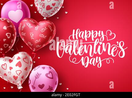 Glücklich Valentinstag Herz Ballons Vektor Hintergrund. Valentinstag Grußtext mit Herz Form und Muster Ballon Elemente in rotem Hintergrund. Stock Vektor
