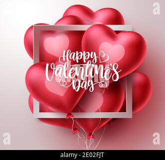 Valentinstag Vektor Grußkarte Design. Happy valentine's Day Text in weißem Rahmen mit Haufen Herz Form Ballon Elemente in weiß schweben Stock Vektor