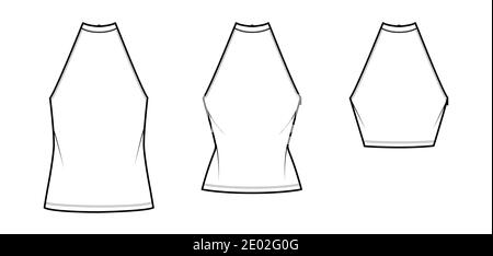 Set von Tops High Neck Halfter Tanks technische Mode Illustration mit Schleife, schlank, übergroße Passform, Taille, Crop Länge. Flach außen Bekleidungsschablone vorne, weiß. Frauen Männer CAD Mockup Stock Vektor