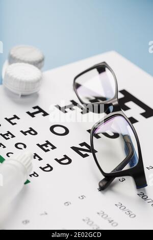 Brille mit Kontaktlinsen, Tropfen und Augentestkarte für Optiker auf blauem Hintergrund. Die Ansicht Von Oben. Freier Speicherplatz Stockfoto