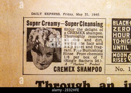 Anzeige für Cremex Shampoo in der Tageszeitung Daily Express (Replik) am 31. Mai 1940 während der Evakuierung in Dünkirchen. Stockfoto