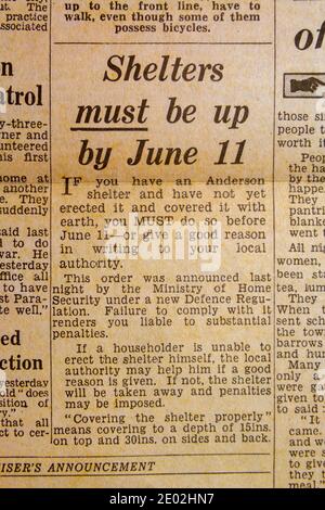 Artikel erinnert Leser an Frist für die Menschen zu Hause errichten Anderson Shelter, Daily Express Zeitung (Replik) am 31. Mai 1940. Stockfoto
