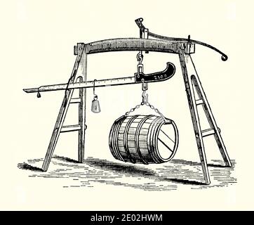 Eine alte Gravur von Waagen für das Wiegen von Holzfässern von E und T Fairbanks und Company in den 1800er Jahren entwickelt. Es ist aus einem viktorianischen Maschinenbaubuch der 1880er Jahre. Diese Strahlwaagen waren an Orten wie Brauereien nützlich. Der Amerikaner Thaddeus Fairbanks (1796 –1886) war ein amerikanischer Erfinder. 1824 baute er zusammen mit seinem Bruder Erastus eine Eisengießerei in St. Johnsbury, Vermont, USA. Fairbanks berühmteste Erfindung, die ‘Fairbanks Waagen’, eine Plattformwaage, die sehr große Lasten genau wiegen kann. Fairbanks Waagen werden weiterhin in St. Johnsbury hergestellt. Stockfoto