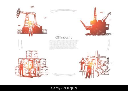 Gas-Produktionsanlage, Arbeiter an der Pipeline, Industrieausrüstung, Bohrplattform, Rig, Kraftstoffpumpe Banner-Vorlage. Ölindustrie, Erdölraffinerie c Stock Vektor
