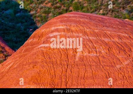 Erodierter roter Hügel mit weißen Schichten an einem Hang. Stockfoto