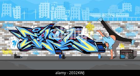 Streetart Graffiti Wall und B Boy tanzen vor dem Hintergrund Des Stadtbildes Vektor Illustration Stock Vektor
