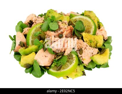 Pochierter Lachs und Avocado-Salat mit gerösteten Kürbiskernen isoliert Auf weißem Hintergrund Stockfoto