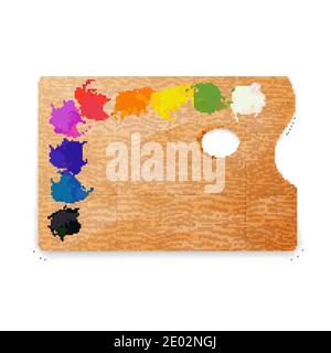 Klassische rechteckige Holz Künstler-Palette mit Ölfarben auf weiß Stock Vektor