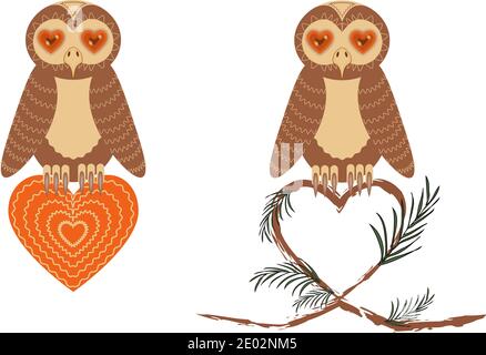 Schöne romantische Set mit zwei niedlichen Eulen und Herzen für Valentinstag Gruß Stock Vektor
