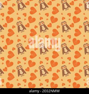 Schönes romantisches Nahtloses Muster mit Eulen und Herzen auf Gelb Hintergrund Stock Vektor