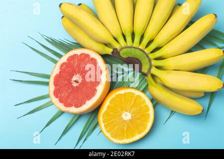 Tropische Früchte Sommer Hintergrund. Bananen, Orangen und Grapefruits auf blauem Hintergrund. Zusammensetzung von tropischen Früchten Stockfoto