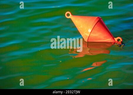 Eine rote Boje schwimmt im grünen, trüben Wasser eines Hafens Stockfoto