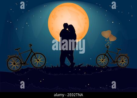 Paar unter orangenen Mond in liebevoller Atmosphäre. Valentinstag Karte mit Paar und Fahrrad.Happy Lovers.Romantic Silhouette der liebevollen Paar in der Nacht.Vektor Stock Vektor