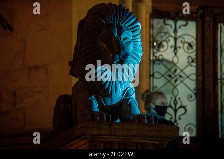 Die Skulptur Löwe des tschechischen Bildhauers Jaroslav Rona bei der Wiedereröffnung des Nordböhmischen Museums in Liberec, Tschechische Republik, 28. Dezember 2020. Das Museum wurde nach einer fast dreijährigen gründlichen Rekonstruktion offiziell wieder eröffnet, aber die Öffentlichkeit kann es aufgrund der Anti-Coronavirus-Einschränkungen bisher nur praktisch besuchen. Die Modernisierung der Innenräume kostete 143 Millionen Kronen und ein Großteil davon wurde durch EU-Subventionen gedeckt. Das Nordböhmische Museum in Liberec, das 1873 als Museum der dekorativen Künste gegründet wurde, ist das älteste dieser Art in den tschechischen Ländern. (CTK Photo/Radek Petrasek) Stockfoto