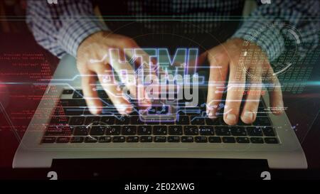 HTML5 Symbol, Entwicklung, Code, Computersprache und Programmiertechnologie. Futuristisches abstraktes Konzept 3d Rendering Illustration. Stockfoto