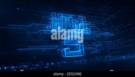 HTML5 Symbol, Entwicklung, Code, Computersprache und Programmiertechnologie. Futuristisches abstraktes Konzept 3d Rendering Illustration. Stockfoto