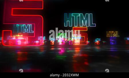 HTML5 Symbol, Entwicklung, Code, Computersprache und Programmiertechnologie. Futuristisches abstraktes Konzept 3d Rendering Illustration. Stockfoto