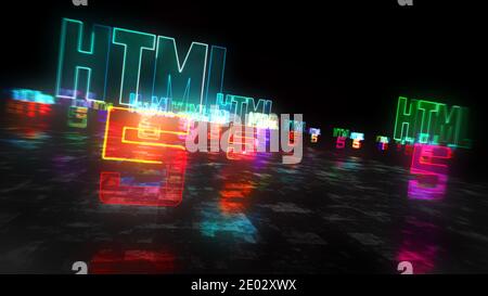 HTML5 Symbol, Entwicklung, Code, Computersprache und Programmiertechnologie. Futuristisches abstraktes Konzept 3d Rendering Illustration. Stockfoto