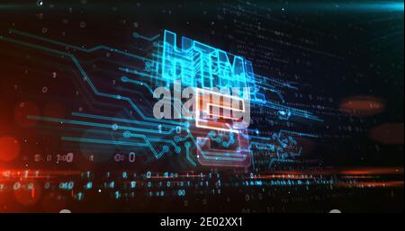 HTML5 Symbol, Entwicklung, Code, Computersprache und Programmiertechnologie. Futuristisches abstraktes Konzept 3d Rendering Illustration. Stockfoto